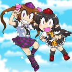  black_hair black_wings brown_eyes brown_hair checkered checkered_skirt geta gomi_ichigo hat himekaidou_hatate multiple_girls necktie pointy_ears red_eyes shameimaru_aya short_hair skirt tengu-geta tokin_hat touhou twintails wings 