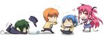  3boys ahoge angel_beats! ankle_lace-up blazer blue_hair chibi closed_eyes collar cross-laced_footwear demon_tail green_hair hat heart hinata_(angel_beats!) ifmonozaki jacket leash long_hair multiple_boys naoi_ayato necktie open_mouth orange_eyes orange_hair otonashi_(angel_beats!) pink_eyes pink_hair school_uniform serafuku short_hair short_twintails skirt tail tears thigh_strap toilet_paper tripping twintails very_long_hair yui_(angel_beats!) 