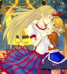  80yakky blonde_hair closed_eyes holding horn hoshiguma_yuugi imminent_kiss long_hair mizuhashi_parsee multiple_girls pointy_ears profile short_hair touching touhou yuri 