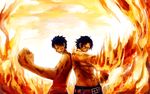  back-to-back bad_id bad_pixiv_id belt blue_hair bruise clenched_hand fiery_background fire foreshortening injury male_focus monkey_d_luffy multiple_boys muscle one_piece open_mouth portgas_d_ace scar shirtless tsuyomaru 