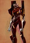  arms_at_sides clenched_hands cowboy_shot eva_02 kaiyodo_(qwer1973) mecha neon_genesis_evangelion no_humans orange_background shield simple_background solo standing 