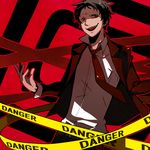  adachi_tooru bad_id bad_pixiv_id belt black_hair caution_tape crazy formal glowing glowing_eyes male_focus necktie persona persona_4 red red_eyes smile smirk solo spoilers standing suit yamaneko_kana 