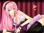  aqua_eyes bad_id bad_pixiv_id breasts cleavage garters hair_ribbon large_breasts long_hair lying megurine_luka natsuki0910 on_side pink_hair ribbon smile solo thighhighs vocaloid 