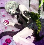  bad_id bad_pixiv_id black_dress dress flower green_eyes green_hair gumi jewelry just_a_game_(vocaloid) lying necklace on_side pearl petals rose short_hair solo tako_rii vocaloid 