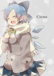  :d ^_^ alternate_costume bad_id bad_pixiv_id blue_hair bow cirno closed_eyes coat contemporary eating food hair_bow happy open_mouth pun2 round_teeth scarf short_hair smile solo taiyaki teeth touhou wagashi wings winter_clothes 