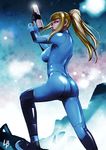  ass blonde_hair bodysuit brown_eyes gun hairband handgun lb long_hair looking_back metroid pistol ponytail samus_aran solo weapon zero_suit 