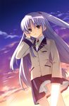  angel_beats! blazer blue_hair brown_eyes half_updo hand_sonic jacket long_hair number23 school_uniform solo sword tenshi_(angel_beats!) weapon 