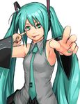  :p ahoge akanbe aqua_eyes aqua_hair aqua_nails armpits bare_shoulders detached_sleeves foreshortening hands hatsune_miku headset long_hair nail_polish necktie outstretched_arm simple_background solo tongue tongue_out twintails very_long_hair vocaloid yuuji_(and) 