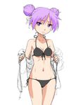  alternate_hairstyle bikini cowboy_shot double_bun front-tie_top hiiragi_kagami lowleg lowleg_bikini lucky_star minazuki_tsuyuha purple_eyes purple_hair side-tie_bikini solo swimsuit undressing 