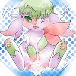  blush cum female flower green_eyes green_hair hair legendary_pok&#233;mon nintendo one_eye_closed open_mouth orgasm pawpads pok&#233;mon pokemon pussy pussy_juice shaymin shaymin_sky_forme sitting solo spread_legs spread_pussy spreading unknown_artist video_games 