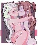  2girls ass autaku blue_eyes blush breasts brown_hair butt_crack carrying couple diana_cavendish eye_contact eyebrows_visible_through_hair female green_hair grey_background half-closed_eyes highres hug kagari_atsuko kiss little_witch_academia long_hair looking_at_another medium_breasts multicolored multicolored_hair multiple_girls neck nude ponytail princess_carry red_eyes shiny shiny_hair silver_hair surprised two-tone_hair very_long_hair wide-eyed yuri 