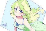  1girl bare_shoulders blue_eyes blush breasts cleavage diana_cavendish dress eyebrows_visible_through_hair eyes_visible_through_hair green_dress hys-d light_green_hair little_witch_academia medium_breasts multicolored_hair sleeveless sleeveless_dress solo two-tone_hair upper_body 