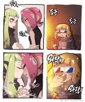  3d_glasses 3girls 4koma comic dark_skin drinking_straw eating excited eye_contact food green_hair hand_holding imminent_kiss inkling long_hair looking_at_another medium_hair multiple_girls octoling orange_hair parted_lips pink_hair pointy_ears popcorn short_hair splatoon splatoon_(series) splatoon_2 splatoon_2:_octo_expansion squidbeak_splatoon suction_cups tentacle_hair upper_body yknzv yuri 