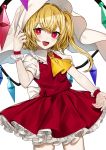 1girl :d absurdres alternate_headwear ascot bangs blonde_hair cherry_blossoms commentary_request cowboy_shot crystal daimaou_ruaeru eyebrows_visible_through_hair eyelashes fangs flandre_scarlet frilled_shirt_collar frills hair_between_eyes hand_up highres long_hair looking_at_viewer one_side_up open_mouth petticoat puffy_short_sleeves puffy_sleeves red_eyes red_skirt red_vest shirt short_sleeves simple_background skirt skirt_set smile solo standing touhou veil vest white_background white_shirt wings wrist_cuffs yellow_neckwear 
