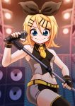  &gt;:) 1girl aqua_eyes bare_shoulders black_bow black_star_(module) blonde_hair blurry blurry_background bow depth_of_field eyebrows_visible_through_hair fingerless_gloves gloves hair_bow hair_ornament hairclip highres horyuu kagamine_rin kodoku_no_hate_(vocaloid) microphone midriff navel necktie project_diva project_diva_(series) short_hair short_necktie shorts sleeveless_blazer smile solo speaker stage stage_lights thighhighs vocaloid yellow_neckwear zettai_ryouiki 