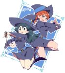  2girls aqua_eyes barbara_parker belt black_hair blush boots breasts character_name hanna_england hat hys-d little_witch_academia long_hair looking_at_viewer luna_nova_school_uniform multiple_girls open_mouth orange_hair outline ponytail school_uniform wand white_outline witch witch_hat yellow_eyes 