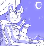  2019 4_fingers anthro bottomless cactus clothed clothing crown digital_media_(artwork) disfigure female gesture jewelry kobold looking_at_viewer monochrome moon navel night pose sitting skimpy slightly_chubby smile solo tiara v_sign 