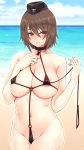  1girl areola_slip areolae backlighting beach bikini black_bikini black_collar blush breast_suppress breasts brown_eyes brown_hair cloud collar collarbone commentary_request day dog_collar embarrassed erect_nipples garrison_cap girls_und_panzer hands_up hat hayama_kazusa highres holding large_breasts leash leash_pull micro_bikini navel nishizumi_maho nose_blush o-ring o-ring_bikini o-ring_collar ocean outdoors parted_lips pussy_juice revision short_hair sky solo standing sweat swimsuit 
