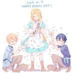  1girl 2boys alice_schuberg apron bcoca black_hair black_shirt blonde_hair blue_dress blue_shirt blush braid braided_ponytail closed_mouth commentary_request confetti dress eugeo eyebrows_visible_through_hair eyes_closed hair_between_eyes hair_ribbon happy_birthday highres kirito kneeling long_hair multiple_boys open_mouth ribbon shirt short_hair simple_background single_braid smile sword_art_online sword_art_online_alicization white_apron white_background white_ribbon 