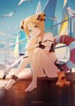  1girl abigail_williams_(fate/grand_order) animal ankle_scrunchie artist_name bangs bare_legs bare_shoulders barefoot bird black_bow black_scrunchie blonde_hair blue_sky blush boat bow cloud collarbone commentary day double_bun emerald_float english_commentary eyebrows_behind_hair fate/grand_order fate_(series) feet forehead full_body hair_bow highres legs leiq lifebuoy long_hair looking_at_viewer orange_bow outdoors parted_bangs parted_lips polka_dot polka_dot_bow sailboat scrunchie seagull side_bun sitting sky solo strap_slip stuffed_animal stuffed_toy teddy_bear toenails watercraft wrist_scrunchie 