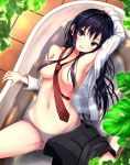  1girl arm_up armpits bangs bathtub black_hair black_skirt blurry_foreground blush breasts cleavage collarbone dress_shirt eyebrows_visible_through_hair from_above groin hair_between_eyes hair_over_breasts highres indoors kurokami_(kurokaminohito) kurono_mika long_hair long_sleeves looking_at_viewer medium_breasts navel no_panties off_shoulder open_clothes open_mouth open_shirt original partially_submerged pleated_skirt red_eyes red_neckwear shirt skirt skirt_around_one_leg smile solo stomach uniform white_shirt 