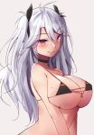  1girl antenna_hair azur_lane bangs bare_shoulders bikini black_bikini black_choker black_ribbon blush breasts choker cleavage closed_mouth eyebrows_visible_through_hair hair_between_eyes hair_ribbon highres large_breasts looking_at_viewer micro_bikini mistynight mole mole_on_breast multicolored_hair orange_eyes prinz_eugen_(azur_lane) red_hair ribbon silver_hair smile solo streaked_hair swimsuit two-tone_hair two_side_up underboob 