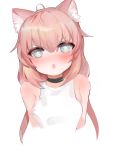  1girl absurdres animal_ear_fluff animal_ears bangs bare_shoulders black_choker blue_eyes blush cat_ears chestnut_mouth choker commentary cropped_torso dokomon eyebrows_visible_through_hair hair_between_eyes highres hinata_channel long_hair looking_at_viewer nekomiya_hinata nose_blush open_mouth pink_hair sidelocks simple_background solo star star-shaped_pupils symbol-shaped_pupils symbol_commentary tank_top upper_body very_long_hair virtual_youtuber white_background white_tank_top 