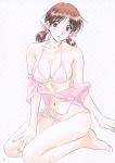  1girl absurdres adachi_taeko bangs barefoot bikini blush breasts brown_eyes brown_hair cleavage eyebrows_visible_through_hair freckles head_tilt highres lingerie looking_at_viewer low_twintails matching_hair/eyes medium_breasts off_shoulder page_number pink_bikini pink_shirt polka_dot polka_dot_background polorinken seiza sentimental_graffiti shirt short_twintails sitting smile solo swimsuit tagme twintails underwear 