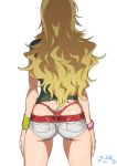  1girl ass back bangle belt blonde_hair bracelet clothes_writing commentary_request facing_away highleg highleg_panties hoshii_miki idolmaster idolmaster_(classic) jewelry long_hair panties red_panties revision short_shorts shorts simple_background solo suna thong underwear whale_tail white_background 