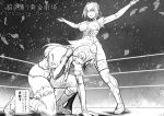  2girls absurdres adapted_costume breasts fate_(series) highres jack_blaze janne_d&#039;arc jeanne_d&#039;arc_(fate) leotard long_hair lying monochrome multiple_girls nero_claudius_(fate) nero_claudius_(fate)_(all) outstretched_arms petals spread_arms wrestling wrestling_outfit 