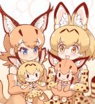  2girls :&lt; :3 animal_ear_fluff animal_ears bare_shoulders black_hair blonde_hair blue_eyes blush bow bowtie caracal_(kemono_friends) caracal_ears caracal_tail center_frills character_doll elbow_gloves extra_ears eyebrows_visible_through_hair frown gloves high-waist_skirt kemono_friends light_brown_hair long_hair multicolored_hair multiple_girls open_mouth print_gloves print_neckwear print_skirt serval_(kemono_friends) serval_ears serval_print serval_tail short_hair sidelocks skirt sleeveless stuffed_toy tail tanaka_kusao yellow_eyes 