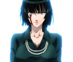  1girl bangs blood blood_on_face breasts cleavage close-up collared_dress dress fubuki_(one-punch_man) green_dress green_eyes green_hair highres large_breasts lips one-punch_man screencap short_hair stitched third-party_edit white_background 