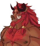  anthro beard body_hair ear_piercing facial_hair facial_piercing ganon ghangaji gold_(metal) gold_jewelry hair hair_ring hi_res horn jewelry male mammal muscular muscular_male nipples nose_piercing nose_ring nude piercing red_hair septum_piercing solo standing suid suina sus_(pig) tusks wild_boar 