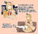  1girl blonde_hair blue_eyes braid commentary_request cosplay couch cream_puff crown dress flower food french_braid full_body garter_straps highres jewelry kantai_collection long_hair long_sleeves mini_crown multiple_views off-shoulder_dress off_shoulder pink_background real_life red_flower red_ribbon red_rose ribbon rose signature simple_background thighhighs translation_request uchida_shuu warspite_(kantai_collection) warspite_(kantai_collection)_(cosplay) white_dress white_legwear yamada_rei_(rou) 