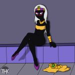  alien black_skin bottomless bracelet breasts clothed clothing crossed_legs duck_dodgers facial_markings female footwear hair jewelry markings martian mouthless necklace not_furry queen_tyr&#039;ahnee sitting solo thehuskyk9_(artist) white_hair 
