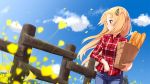  1girl ame. azur_lane bag baguette bangs black_ribbon blonde_hair blue_pants blue_sky blurry blurry_foreground blush bread cleveland_(azur_lane) closed_mouth cloud collared_shirt commentary_request day denim depth_of_field dress_shirt eyebrows_visible_through_hair fence flower food grocery_bag hair_ribbon holding holding_bag jeans long_hair looking_away looking_to_the_side one_side_up outdoors pants paper_bag petals plaid plaid_shirt profile red_eyes red_shirt ribbon shirt shopping_bag sky smile solo very_long_hair wind yellow_flower 