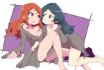  2girls aqua_eyes barbara_parker bare_shoulders bathrobe black_hair blush breasts brown_hair cleavage full_body grey_robe hand_on_another&#039;s_shoulder hanna_england hys-d knee_up leg_between_thighs little_witch_academia long_hair long_sleeves medium_breasts multiple_girls off_shoulder parted_lips robe smile yellow_eyes yuri 