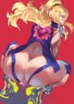  1girl ass back blonde_hair blue_bodysuit bodysuit breasts cafekun finger_licking functionally_nude heart heart-shaped_pupils high_heels high_ponytail highres huge_ass large_breasts licking long_hair looking_at_viewer looking_back metroid nintendo ponytail pussy red_background samus_aran sideboob sidelocks squatting steam super_smash_bros. symbol-shaped_pupils thick_thighs thighs tongue tongue_out wide_hips zero_suit 