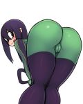  1girl :p ass ass_focus asui_tsuyu bent_over black_hair black_legwear blush_stickers bodysuit boku_no_hero_academia boots cameltoe closed_mouth donburikazoku eyebrows_visible_through_hair from_behind from_below hair_between_eyes long_hair looking_back simple_background solo thigh_boots thighhighs tongue tongue_out white_background 