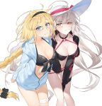  2girls ahoge bikini black_bikini black_choker black_gloves black_hairband black_jacket blonde_hair blue_eyes braid breasts choker cleavage commentary_request cropped_jacket eyebrows_visible_through_hair fate/grand_order fate_(series) front-tie_bikini front-tie_top gloves hair_between_eyes hairband hat hat_ribbon hayashi_kewi hood hooded_jacket jacket jeanne_d&#039;arc_(alter_swimsuit_berserker) jeanne_d&#039;arc_(fate)_(all) jeanne_d&#039;arc_(swimsuit_archer) large_breasts long_braid looking_at_viewer multiple_girls navel o-ring o-ring_bikini o-ring_bottom o-ring_top red_ribbon ribbon shrug_(clothing) silver_hair single_braid smile sun_hat swimsuit thigh_strap white_background yellow_eyes 