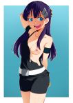  1girl bike_shorts blue_eyes breasts gloves highres jcm2 kiyal long_hair looking_at_viewer medium_breasts nipples purple_hair smile tengen_toppa_gurren_lagann torn_clothes 