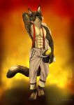  2019 anthro armor bethesda_softworks clothed clothing costume digital_media_(artwork) ear_piercing ear_ring felid feline fire firefighter firefighter_uniform fur helmet khajiit looking_at_viewer male mammal muscular nanukkluik pants piercing pinup pose razor_the_kitty simple_background smile solo the_elder_scrolls uniform video_games 