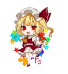  1girl :d ascot bangs blonde_hair blush chibi commentary_request crystal daimaou_ruaeru eyebrows_visible_through_hair fang flandre_scarlet full_body hand_up hat hat_ribbon leg_up looking_at_viewer mary_janes mob_cap one_side_up open_mouth petticoat puffy_short_sleeves puffy_sleeves puzzle_piece red_eyes red_footwear red_ribbon red_skirt red_vest ribbon shoes short_hair short_sleeves simple_background skirt skirt_set smile socks solo standing standing_on_one_leg star touhou vest white_background white_headwear white_legwear wings wrist_cuffs yellow_neckwear 