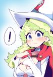  ! 1girl blue_eyes blush breasts cape diana_cavendish eyebrows_visible_through_hair eyes_visible_through_hair hat hys-d light_green_hair little_witch_academia long_sleeves looking_at_viewer medium_breasts multicolored_hair red_cape solo speech_bubble sweatdrop two-tone_hair upper_body white_headwear witch_hat 