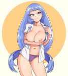  1girl arm_under_breasts blue_eyes blue_hair boku_no_hero_academia breasts gluteal_fold hadou_nejire large_breasts looking_up open_clothes open_shirt panties purple_panties solo underwear unseriousguy yellow_background 