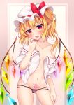  1girl bangs bare_shoulders black_panties blonde_hair blush bow breasts commentary_request cowboy_shot crystal eyebrows_visible_through_hair fang flandre_scarlet frilled_shirt_collar frills gluteal_fold groin hair_between_eyes hand_up hat hat_bow hat_ribbon head_tilt highres miy@ mob_cap navel no_pants off_shoulder one_side_up open_clothes open_mouth open_shirt panties pointy_ears pubic_tattoo puffy_short_sleeves puffy_sleeves red_bow red_eyes red_ribbon ribbon shirt short_hair short_sleeves side_ponytail small_breasts solo standing stomach tattoo tears thighs touhou underwear vampire white_headwear white_shirt wings 