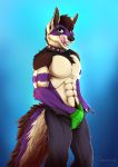  2019 anthro canid canine canis clothing collar digital_media_(artwork) grin jeans looking_at_viewer male mammal nanukkluik pants piercing pinup pose smile solo spiked_collar spikes tongue underwear wolf 