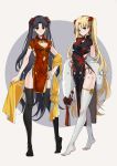  2girls alternate_costume bangs black_hair black_legwear blonde_hair character_name china_dress chinese_clothes cleavage_cutout dress earrings ereshkigal_(fate/grand_order) fate/grand_order fate_(series) full_body hair_ornament highres holding hoop_earrings infinity ishtar_(fate/grand_order) jewelry long_hair multiple_girls parted_bangs pelvic_curtain red_eyes side_slit smile standing thighhighs two_side_up white_legwear yaoshi_jun 