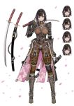  1girl armor armored_boots asymmetrical_clothes black_hair boots character_sheet cherry_blossoms commentary_request corset expressions floral_print full_body fur_trim gloves highres holding holding_sheath japanese_armor jun_(seojh1029) katana looking_at_viewer original over_shoulder parted_lips petals sad serious shaded_face sheath short_hair shoulder_armor smile smug solo surprised sword sword_over_shoulder vambraces waist_cape weapon weapon_over_shoulder white_background yellow_eyes 