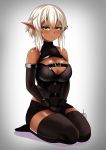  1girl angry bangs black_gloves blush borrowed_character breasts cleavage cleavage_cutout closed_mouth dark_elf dark_skin de-chan_(lolicept) elbow_gloves elf frown full_body gloves highres large_breasts pointy_ears short_hair short_shorts shorts simple_background sitting solo the_only_shoe white_hair yellow_eyes 